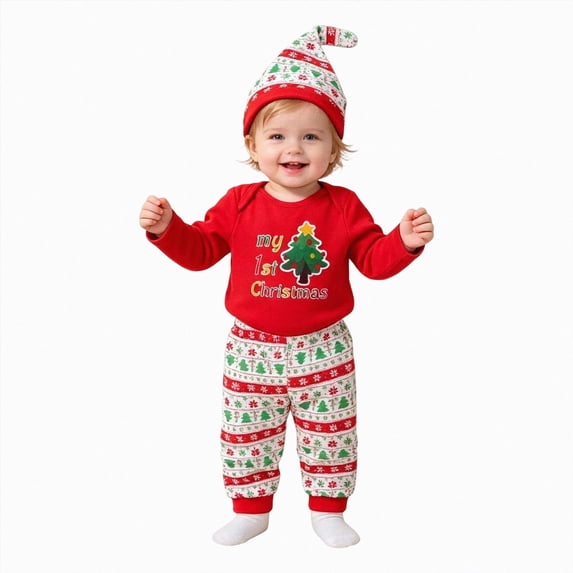 KPOPLK Baby Girl Clothes 3 6 9 12 18 24 Months Christmas Bodysuit Romper + Pants + Hat 3 Piece Outfit Set for Infant,Size 3-6 Months