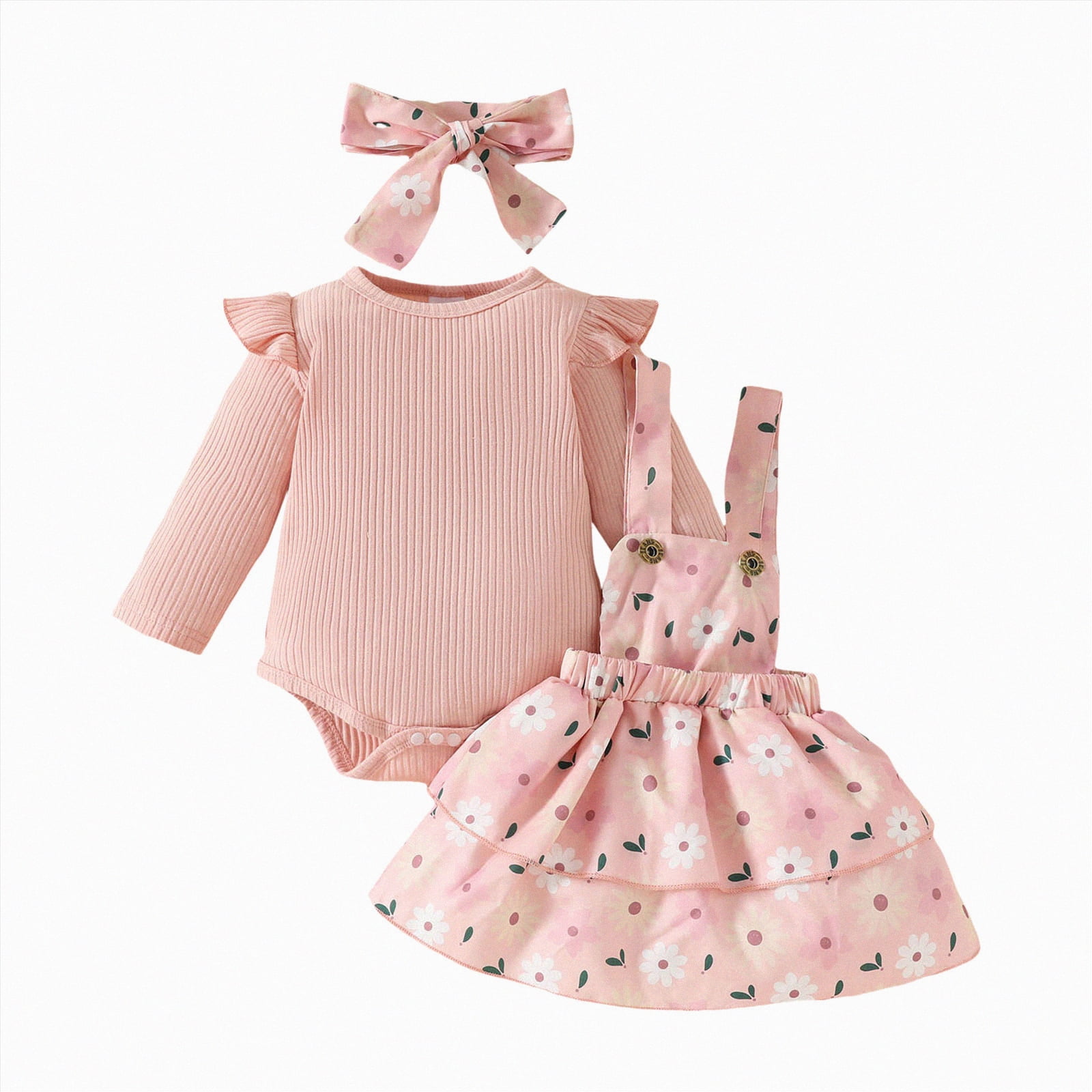 Kpoplk Baby Girl Clothes Cute Winter Long Sleeve Romper Adjustable Floral Overall Dress Headband 3PCS(Pink#4,9-12 Months), Infant Boy's
