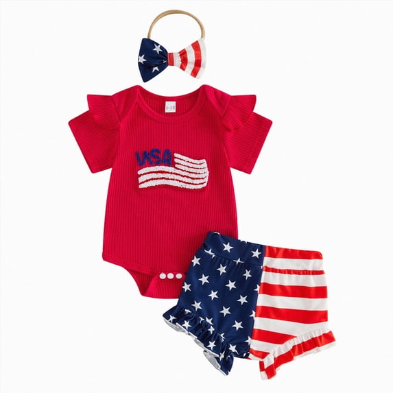 KPOPLK Baby Girl Clothes Newborn Short Sleeve Ruffle Romper USA Print Shorts Headband Infant Outfits for 0 3 6 9 12 18 Months Size 12-18 Months,Red