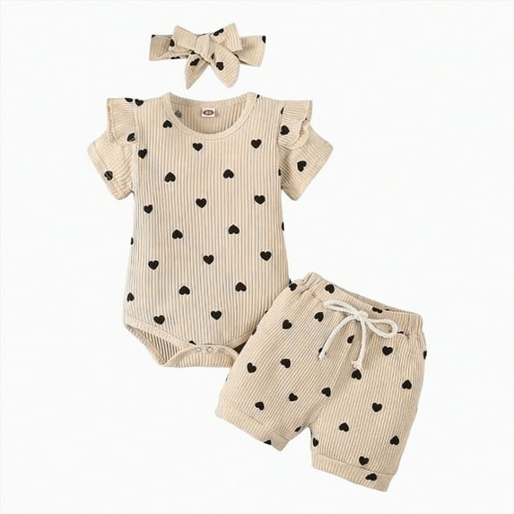 KPOPLK Baby Girl Clothes Outfits Romper Pants Cute Bow Headband Hat Sets For Baby Girls toddler girl summer clothes(12-18 Months,Beige)