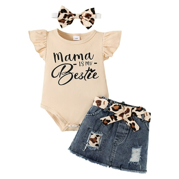 KPOPLK Baby Girl Clothes Romper Ruffle Sleeve Short Jeans Skirt with Headband Outfits Set 0 18 Months(White#1,12-18 Months)