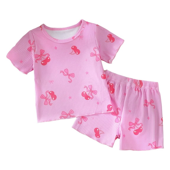 KPOPLK Baby Girl Clothes Toddler Summer Outfits Cute Bow Print T Shirt   Shorts 2pcs Set 6 Months 5 Years Old(Purple#2,6-12 Months)