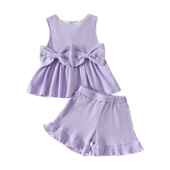 KPOPLK Baby Girl Clothes Toddler Summer Outfits Cute Bow Sleeveless Top and Ruffle Shorts 2pc Set 1 5 Years Old(Purple#2,2-3 Years)