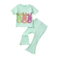 thumbnail image 1 of KPOPLK Baby Girl Easter Outfit Knit Ruffle Short Sleeve Shirts with Pants Set Toddler Baby Girl Bunny Clothes(Green#1,12-18 Months), 1 of 9