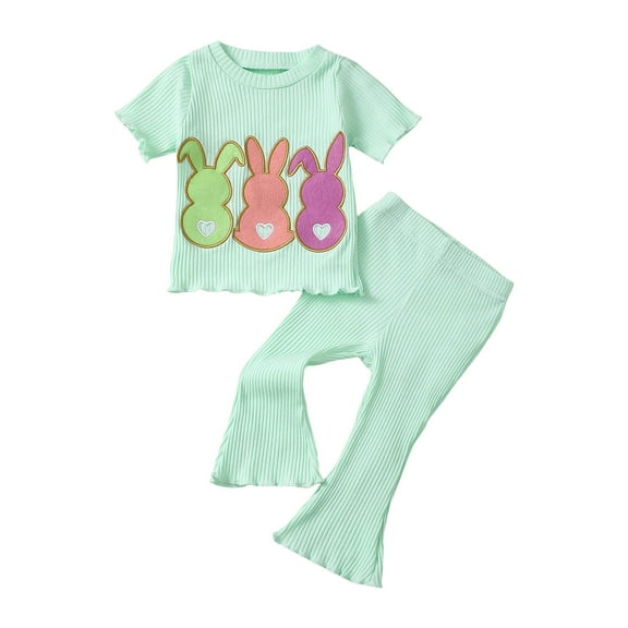 KPOPLK Baby Girl Easter Outfit Knit Ruffle Short Sleeve Shirts with Pants Set Toddler Baby Girl Bunny Clothes(Green#1,2-3 Years)