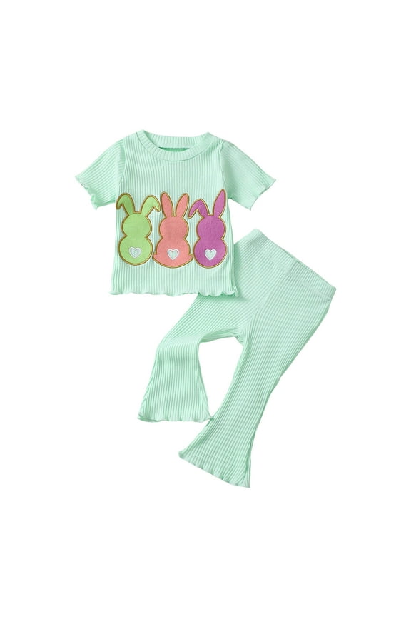 Baby Girl Easter Outfit Knit Ruffle Short Sleeve Shirts with Pants Set Toddler Baby Girl Bunny Clothes(Green#1,2-3 Years)
