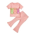 thumbnail image 1 of KPOPLK Baby Girl Easter Outfit Knit Ruffle Short Sleeve Shirts with Pants Set Toddler Baby Girl Bunny Clothes(Pink#3,2-3 Years), 1 of 9