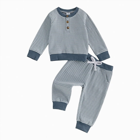 KPOPLK Baby Girl Fall Winter Clothes Outfits Long Sleeve Sweatsuit 0-3T Fall Boys 2 Piece Long Sleeve Crewneck Tee Top Stripe Print Set Blue Size 12-18 Months