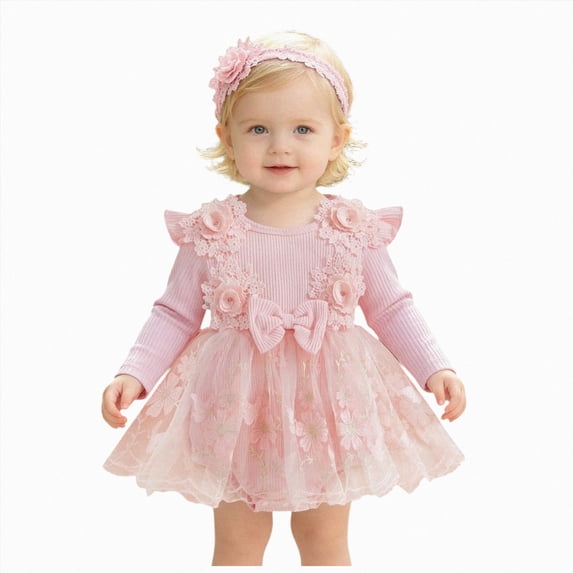 KPOPLK Baby Girl Floral Tulle Princess Dress Long Sleeve Cute Tutu Skirts Romper with Lace Headband for 3 6 9 12 18 Months(Pink,9-12 Months)