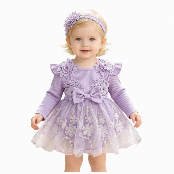 KPOPLK Baby Girl Floral Tulle Princess Dress Long Sleeve Cute Tutu Skirts Romper with Lace Headband for 3 6 9 12 18 Months(Purple,3-6 Months)