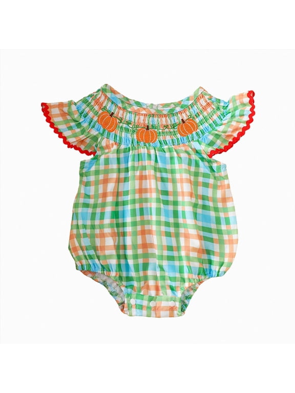 Baby Girl Halloween Romper One-piece Fly Sleeve Pumpkin Print Bubble Bodysuit Fall Pumpkin Patch Outfit for 3 6 9 12 18 Months Size 18-24 Months,Green