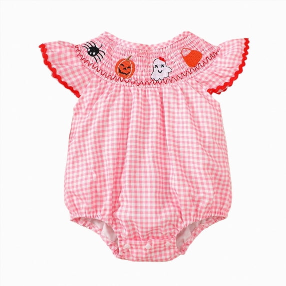 KPOPLK Baby Girl Halloween Romper One-piece Fly Sleeve Pumpkin Print Bubble Bodysuit Fall Pumpkin Patch Outfit for 3 6 9 12 18 Months Size 6-12 Months,Light Pink