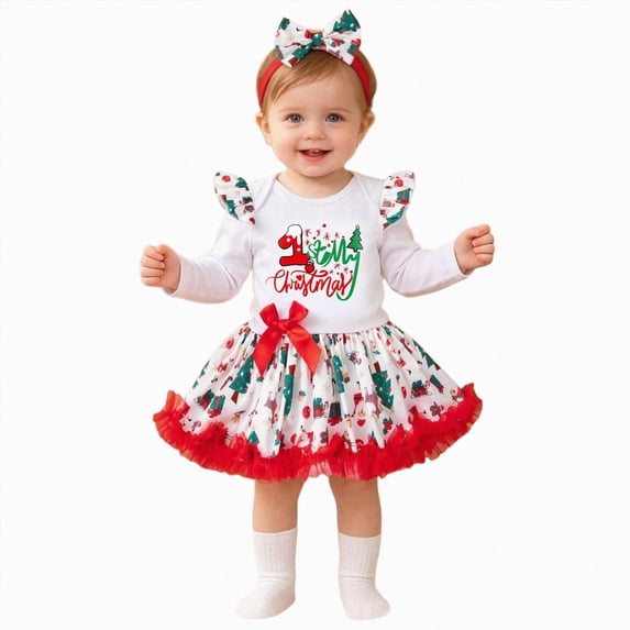 KPOPLK Baby Girl My First Christmas Outfit Set Long Sleeve Romper + Print Tutu Skirt + Headband 3 Piece Holiday Clothes for Infant,Size 6-9 Months