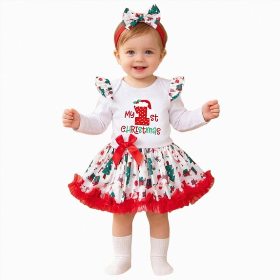 KPOPLK Baby Girl My First Christmas Outfit Set Long Sleeve Romper + Print Tutu Skirt + Headband 3 Piece Holiday Clothes for Infant,Size 9-12 Months