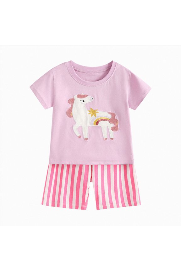 Baby Girl Outfit Summer Toddler Girl T-Shirt Top Shorts Set Summer Striped Crochet Flower Outfit Srt(3-4 Years,Purple)