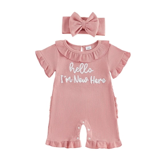 KPOPLK Baby Girl Romper Infant Fall Winter Clothes Ruffle Sweater Short Sleeve Bodysuit Jumpsuit and Headband for 0-18 Months Size 3-6 Months,Watermelon Red