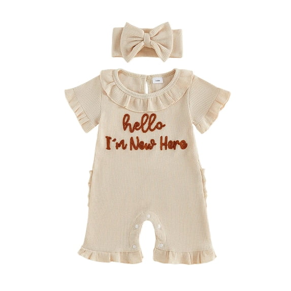 KPOPLK Baby Girl Romper Infant Fall Winter Clothes Ruffle Sweater Short Sleeve Bodysuit Jumpsuit and Headband for 0-18 Months Size 0-3 Months,Beige
