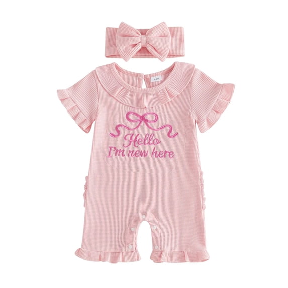 KPOPLK Baby Girl Romper Infant Fall Winter Clothes Ruffle Sweater Short Sleeve Bodysuit Jumpsuit and Headband for 0-18 Months Size 3-6 Months,Pink