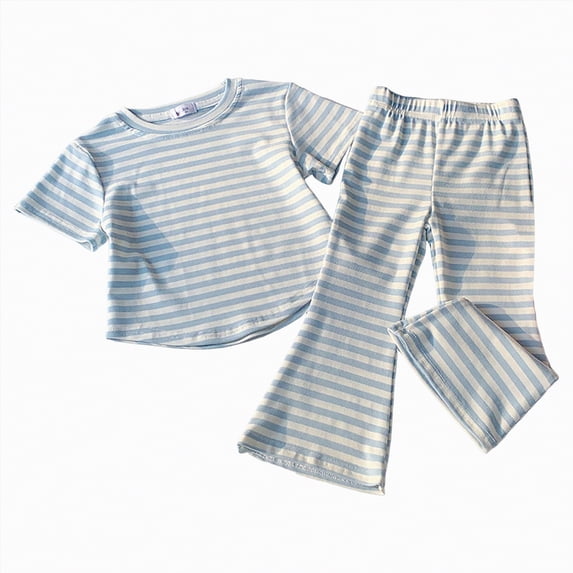 KPOPLK Baby Girl Summer 2 Piece Outfits Ruffle Short Sleeve Tops Striped Print Jogger Pants Casual Soft Comfy Clothes 12 18 24 Months Infant Toddler Size 4-5 Years,Light Blue
