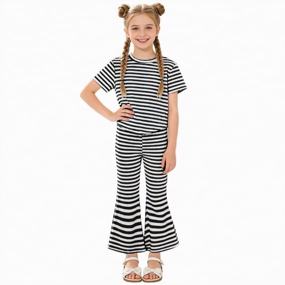 KPOPLK Baby Girl Summer 2 Piece Outfits Ruffle Short Sleeve Tops Striped Print Jogger Pants Casual Soft Comfy Clothes 12 18 24 Months Infant Toddler Size 8-9 Years,Black