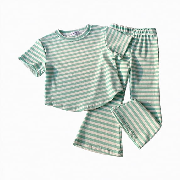 KPOPLK Baby Girl Summer 2 Piece Outfits Ruffle Short Sleeve Tops Striped Print Jogger Pants Casual Soft Comfy Clothes 12 18 24 Months Infant Toddler Size 8-9 Years,Light Green