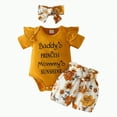 thumbnail image 1 of KPOPLK Baby Girl Summer Clothes I’m New Here Going Home Outfit Ruffle Ribbed Romper Tops Floral Shorts Set + Headband baby clothes for girls 6/9 months(3-6 Months,Orange), 1 of 3