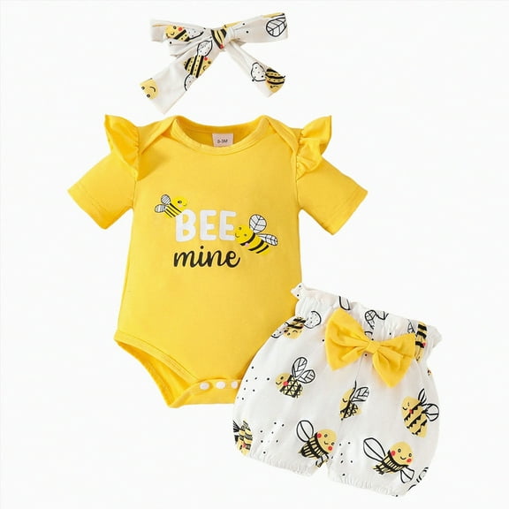KPOPLK Baby Girl Summer Clothes I’m New Here Going Home Outfit Ruffle Ribbed Romper Tops Floral Shorts Set + Headband boys 12 month clothes summer(6-9 Months,Yellow)