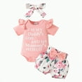thumbnail image 1 of KPOPLK Baby Girl Summer Clothes I’m New Here Going Home Outfit Ruffle Ribbed Romper Tops Floral Shorts Set + Headband cow print outfit(6-9 Months,Pink), 1 of 6