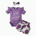 thumbnail image 1 of KPOPLK Baby Girl Summer Clothes I’m New Here Going Home Outfit Ruffle Ribbed Romper Tops Floral Shorts Set + Headband kids clothes clearance under $5(9-12 Months,Purple), 1 of 5
