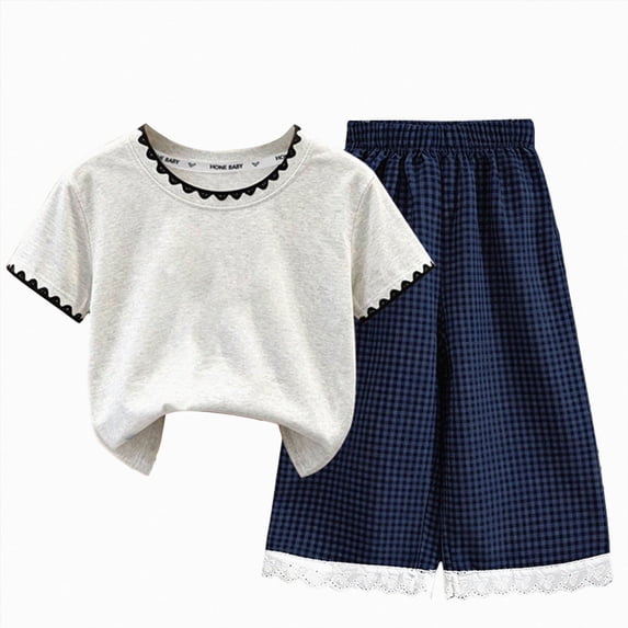 KPOPLK Baby Girl Summer Clothes Toddler Infant Outfit Short Sleeve Letter T Shirt Tops and Stretch Shorts Clothing Set Size 5-6 Years,Navy