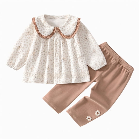 KPOPLK Baby Girls Floral Clothing Set Fall 1t 2t 3t Long Sleeve Peter Pan Collar Shirt Pants 2 Piece Outfit,Size 12-18Months