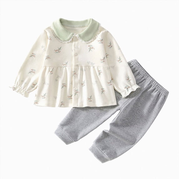 KPOPLK Baby Girls Floral Clothing Set Fall 1t 2t 3t Long Sleeve Peter Pan Collar Shirt Pants 2 Piece Outfit,Size 2-3Years