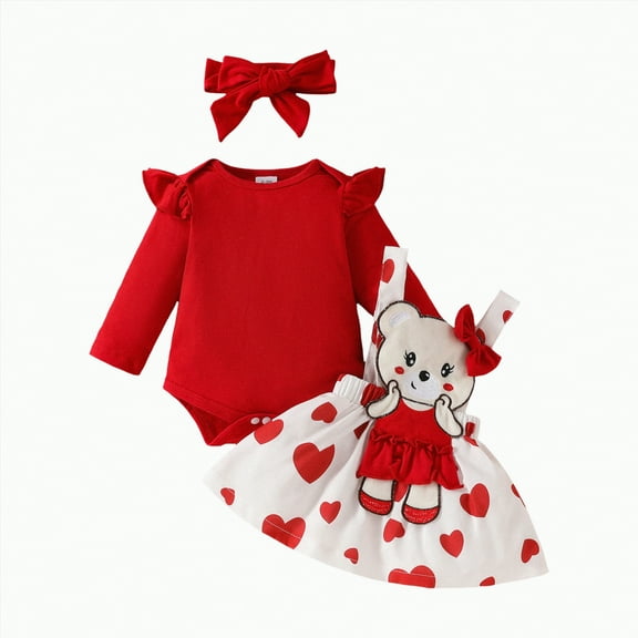 KPOPLK Baby Pure Color Long Sleeve Shirt Love Print Bow Bear Embroidered Strap Skirt Girls Set Hair Band(Red#4,9-12 Months)