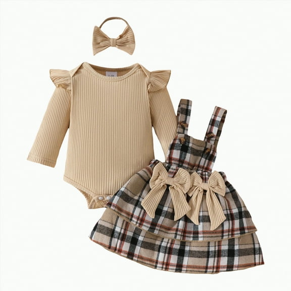 KPOPLK Baby Strap Skirt Suit Baby Girl Strip Long Sleeve Top Plaid Dress Hair Band Three Piece Set(Khaki##2,9-12 Months)