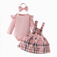 thumbnail image 1 of KPOPLK Baby Strap Skirt Suit Baby Girl Strip Long Sleeve Top Plaid Dress Hair Band Three Piece Set(Style3-Pink,9-12 Months), 1 of 9