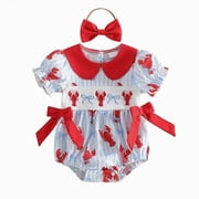 KPOPLK Baby Summer Clothes Newborn Infant Girl Headband Smocked Pleated Romper Bubble Short Sleeve Bodysuit Outfits 3 6 9 12 18 Months6-12 Months ,Red