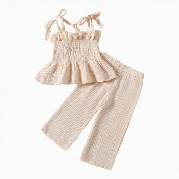 KPOPLK Baby Toddler Girls Clothes Solid Color Sleeveless Camisole Linen Pants Set Baby Summer Outfits dinosaur color block outfit(6-9 Months,Beige)