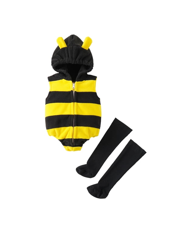Baby Unisex Bumble Bee Outfit Striped Sleeveless Romper Fall Winter One-piece and Black Leg Warmers for 3-12 Months(Yellow,6-12 Months)
