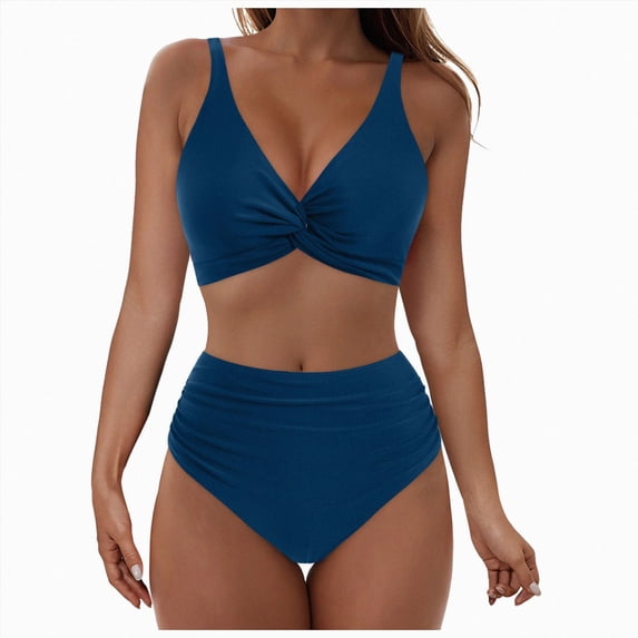 KPOPLK Bathing Suits for Women High Waisted Bikini Sets Two Piece Swimsuits Solid Bikini Swimwear(L,Blue)