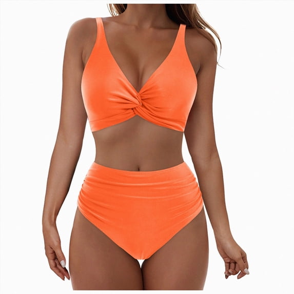KPOPLK Bathing Suits for Women High Waisted Bikini Sets Two Piece Swimsuits Solid Bikini Swimwear(XXL,Orange)