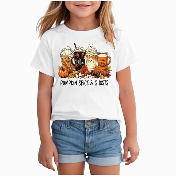 KPOPLK Big Girls Halloween T-Shirt Fall Cute Cartoon Ghost Short Sleeve Shirt Kids Girl Crewneck Top Size 1-2 Years,White