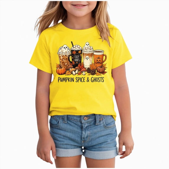 KPOPLK Big Girls Halloween T-Shirt Fall Cute Cartoon Ghost Short Sleeve Shirt Kids Girl Crewneck Top Size 3-4 Years,Yellow