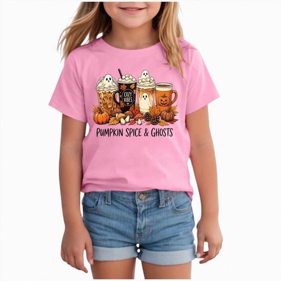 KPOPLK Big Girls Halloween T-Shirt Fall Cute Cartoon Ghost Short Sleeve Shirt Kids Girl Crewneck Top Size 9-10 Years,Pink