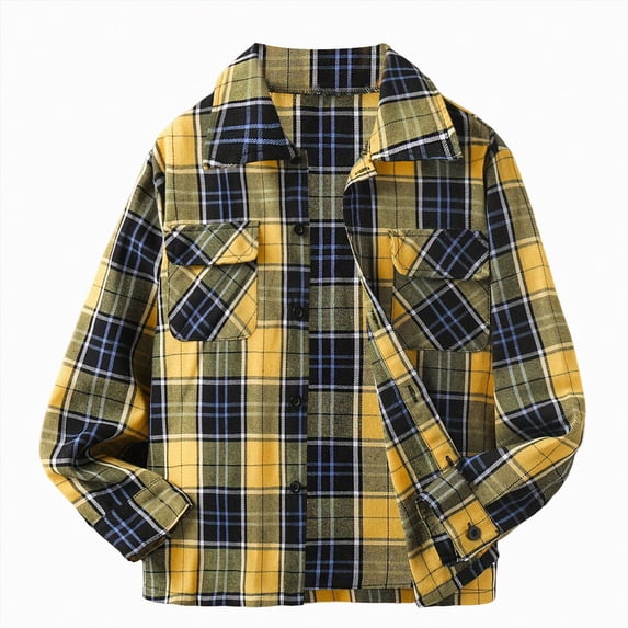 KPOPLK Boy's Flannel Plaid Shirt Teen Colorblock Long Sleeve Button Down Lapel Top for Boys Fall Winter Clothes 5-15 Years Size 9-10 Years,Yellow