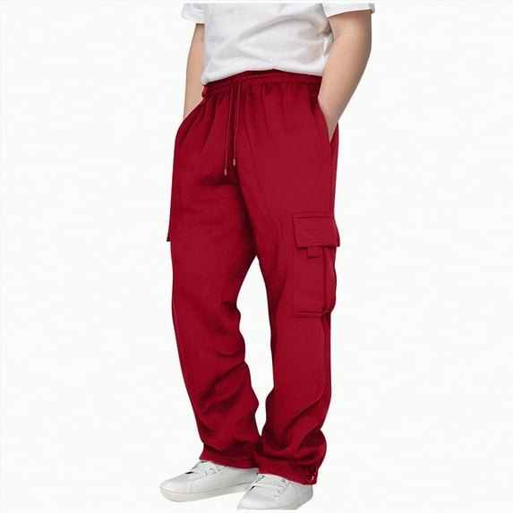 KPOPLK Boy's Wide Leg Cargo Pants Drawstring Waist Baggy Track Pants Trousers Streetwear(13-14 Years,A18-Red)