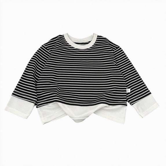 KPOPLK Boys Clothes Long Sleeve T Shirts 2t 3t 4t 5t 6t 7t Comfy Crewneck Stripe Print Tops Tees Autumn Clothes(1-2 Years,Black)