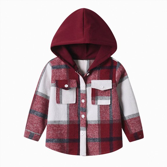 KPOPLK Boys Flannel Jacket Hoodies Button Down Plaid Shirt Teen Winter Coat Kids Outerwear 3 6 9 12Months-15 Years Brick Red Size 5-6 Years
