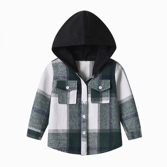 KPOPLK Boys Flannel Jacket Hoodies Button Down Plaid Shirt Teen Winter Coat Kids Outerwear 3 6 9 12Months-15 Years Dark Gray Size 4-5 Years