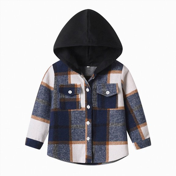 KPOPLK Boys Flannel Jacket Hoodies Button Down Plaid Shirt Teen Winter Coat Kids Outerwear 3 6 9 12Months-15 Years Dark Green Size 3-6 Months