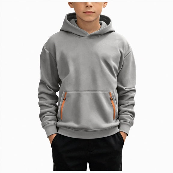 KPOPLK Boys Hoodie 4-16 Years Fall Soft Cotton Fleece Pullover Sweatshirts Performance Athletic Hoodies for Teen Boy with Kangaroo Pocket Light Gray Size 12-13 Years